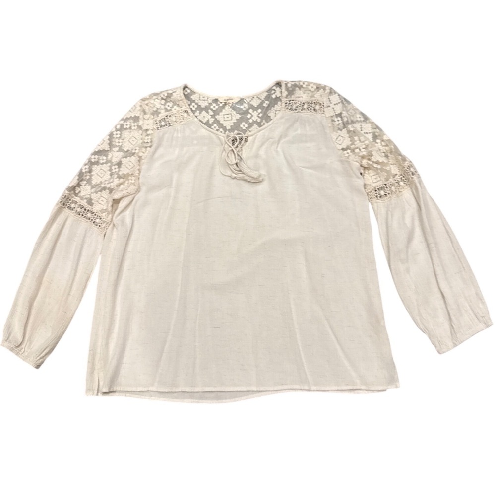 Mystree Woman's M Cream Rayon Linen Lace Crochet Boho Tassel Blouse Shabby Chic